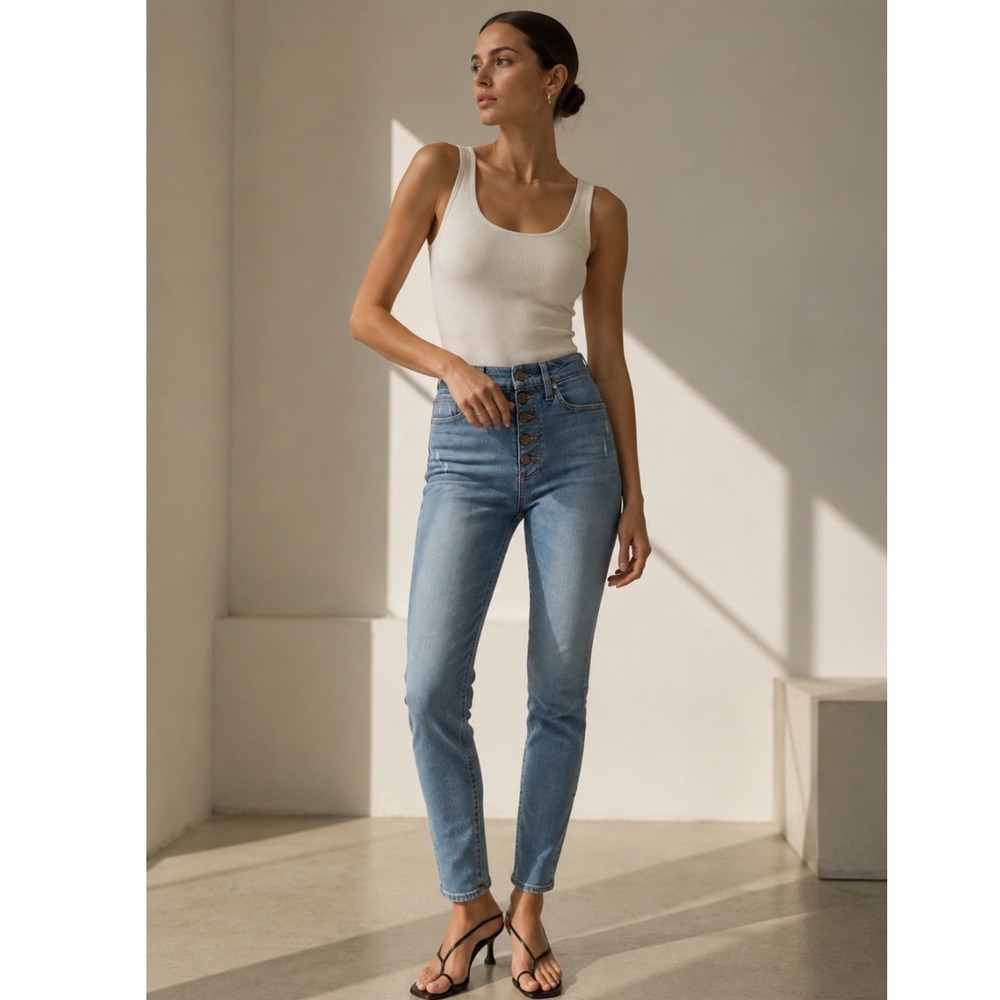 AO.LA Alice + Olivia GOOD High Rise EXPOSED BUTTON FLY Jeans LONG SHOT 30 USA